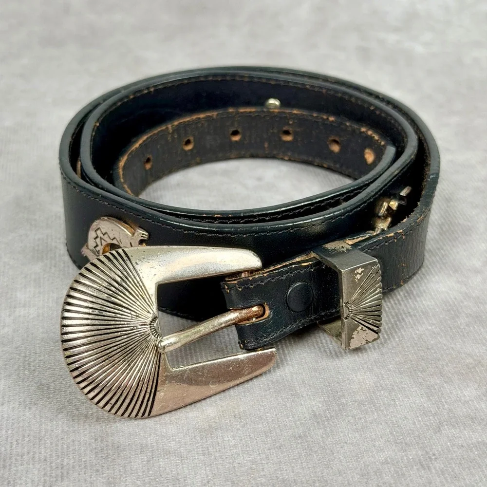 Vintage Silver Creek Black Leather Western Bull Skull Concho Belt 1990 USA Made